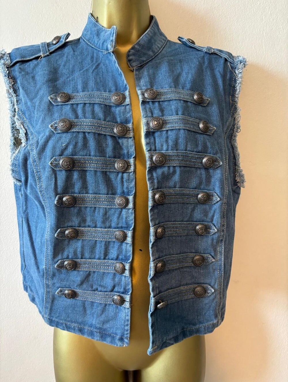 Denim Military-Style Button Front Vest - Blue